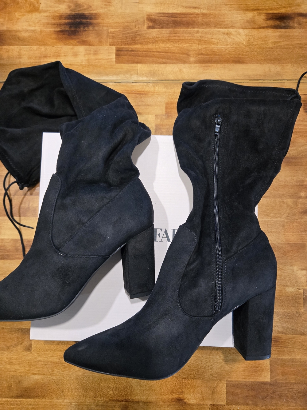 JustFab Black Suede Mid-Calf Block Heel Boots